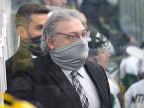 Gord Thibodeau, head coach of the Fort McMurray Oil Barons, watches a game at Centerfire Place in Fort McMurray on November 14, 2020. Vincent McDermott/Fort McMurray Today/Postmedia Network