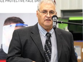 Donald Champagne speaks at the ProtectON face shield media conference in September at the North Bay Plastic Molders facility in East Ferris. Dave Dale Photo