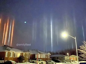 Looking like tractor beams from a science fiction show, light pillars light up the sky over West Ferris, Tuesday morning.
Emily Fleet Photo