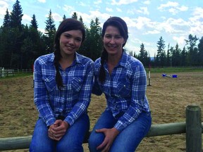 Actress Alisha Newton, left, and stuntwoman Sally Bishop on the set of Heartland. SUBMITTED PHOTO