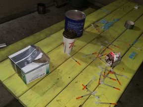 New and used needles were left overnight recently, scattered on a table used by tenants of Phoenix Place on Dalhousie Street.