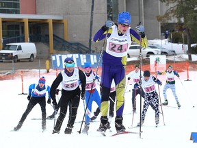 Max Mahaffy, of Lo-Ellen Knights, leads a group of skiers in a junior boys OFSAA nordic relay heat at the cross-country ski trails at Laurentian University in Sudbury, Ont. on Friday February 23, 2018.