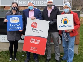 The Coldest Night of the Year returns to Stratford in two months, and Stratford-Perth Shelterlink has recruited the United Way as a partner for the local event, which raises money and awareness for the hungry, hurting and homeless in the community. Pictured from left: Shelterlink board director Sara Brown, Shelterlink board chair and president Martin Ritsma, United Way Perth-Huron executive director Ryan Erb, Shelterlink board director Terri Finnie. (Submitted photo)