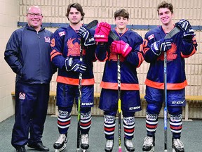 Denny Lambert, with Soo Thunderbirds local rookies Michael Chaffay, Tyson Doucette and Ty Zachary. ALLANA PLAUNT