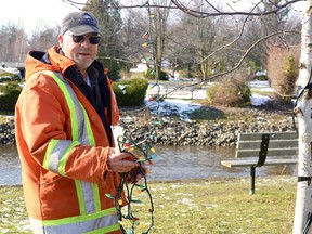 Panorama president Roger Cruickshank was at Wellington Park on Thursday afternoon putting Christmas lights up into trees. (ASHLEY TAYLOR)