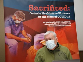 Michael Hurley, president of the Ontario Council of Hospital Unions (OCHU/CUPE), held a media conference with academic researchers Dr. James Brophy and Dr. Margaret Keith, who appeared via Zoom, in Sudbury, Ont. on Thursday December 3, 2020.