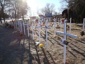 Crosses accumulate at a memorial site for victims of opioid overdose at Brady Street and Paris Street in December. Many more crosses have been added to the site since.
