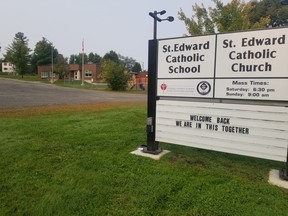 The sign at St Edward Catholic School in Westport is shown in this photo from September. (Photo courtesy of the Catholic District School Board of Eastern Ontario)