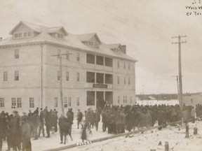 Miners and strike breakers clash in front of the Goldfields Hotel on Dec. 2nd, 1912. Two men were shot by Thiel constables who were subsequently arrested by the provincial police.

Supplied/Timmins Museum
