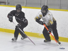 Savannah Tracey (80) of the Mitchell U14 ringette team controls the ring deep in the Exeter/Seaforth zone during action in Mitchell Dec. 15. The local Stingers downed the visitors, 9-5. ANDY BADER/MITCHELL ADVOCATE