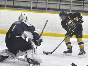 Basil Voros (6) of the Mitchell U18 Tier 3 hockey team finds himself in close range with BCH goalie Justice Potter during action Dec. 16 at the Mitchell & District Arena. The fast-paced, 3-on-3 contest saw Mitchell win, 9-5. ANDY BADER/MITCHELL ADVOCATE