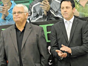 Former longtime Belleville Bulls GM-coach Larry Mavety, shown behind the Kingston Frontenacs bench with Doug Gilmour prior to an Ontario Hockey League game at Yardmen Arena in 2010, passed away at 78 on Thursday.. (Aaron Bell/OHL Images)
