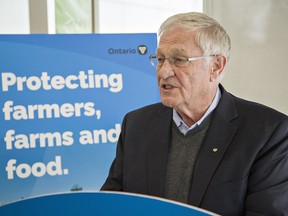 Ontario Minister of Agriculture, Food and Rural Affairs Ernie Hardeman spoke with farmers and other agricultural producers in Brantford on Feb. 6. Hardeman was travelling the province discussing Bill 156 aimed at protecting farmers, farms and food in regard to animal rights activists who trespass. Brian Thompson/Postmedia Network