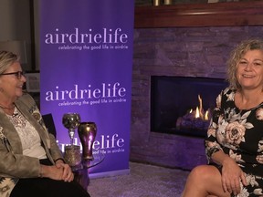 Davis Chev Amazing Legacy recipient Brenda Moon sits with airdrielife publisher Sherry Shaw-Froggatt in a pretaped segment for the Amazing Airdrie Women awards. Photo by 62 North Media