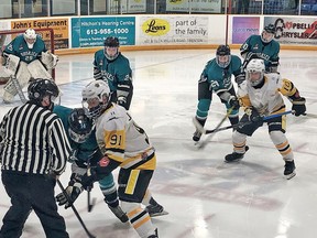 The Trenton Golden Hawks and the Lindsay Muskies did battle in the first game of the two-game Fish Bowl series Thursday at the Community Gardens. The Golden Hawks dominated the Muskies, outshooting them 44-22 during regulation time, but needed overtime to secure a 4-3 victory. SUBMITTED PHOTO