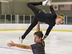 Lily Wilberforce and Aidan Wright practise at the Wayne Gretzky Sports Centre in Brantford. The 2019 national novice champions have moved up to the junior division.