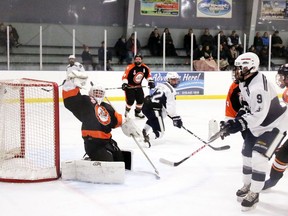 Burford Bulldogs goalie Caleb Ursu makes a save in a Provincial Junior Hockey League game against the Woodstock Navy Vets. Bulldogs general manager Ben Beechey feels that because of COVID-19 there is a strong possibility that the 2020-21 season will be scrapped.