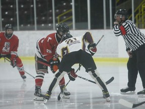 The puck drops on an EOJHL developmental scrimmage between the Brockville Tikis and Athens Aeros at the Memorial Centre on Dec. 16, 2020. File photo