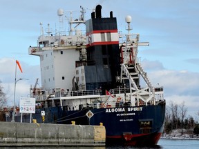 The bulk carrier Algoma Spirit is seen listing in Iroquois on Sunday afternoon. (PHOTO COURTESY OF PAT ENGLISH)