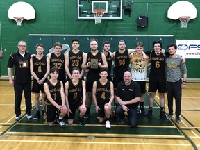 The Rideau District High School Lions won the consolation final of the Ontario boys basketball A championships in North Bay in March. The Rideau crew included (front, from left) Cameron Scott, Hayden Burns, Brady Scott, assistant coach Tom Burns, (back row) head coach Scott Burns, Hunter Bresee, Cameron Dowsley, Brett Wells, Kyle Ewart, Lucas Burns, Blain Wells, Silas Burns, Curran Westwater and assistant coach Jesse Burns.
Submitted/file photo/The Recorder and Times