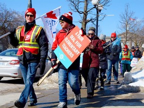 Hundreds of local teachers and education support workers filled Court House Square and Brockville's downtown core on Feb. 21 as teachers from all four major education unions across the province walked out of the classroom in unison Friday. (SABRINA BEDFORD/The Recorder and Times)