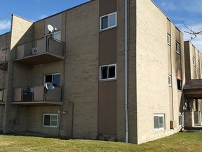 A Pearl Street apartment building in Tilbury is shown on Wednesday. Earlier that morning, Chatham-Kent firefighters rescued two people from their apartment balconies. No injuries were reported. Firefighters also revived two cats, but two other cats died. (Trevor Terfloth/The Daily News)