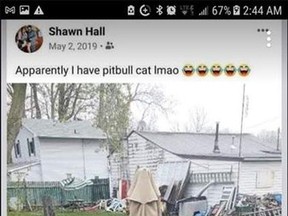 This social media post is among those that have drawn criticism against Shawn Hall in his fight to have his pet Zeus returned to the family after the dog was recently seized by Pet and Wildlife Rescue for fitting the characteristics of a pit bull, which is a banned breed of dog in Ontario. Hall said Zeus is an American bulldog mix.