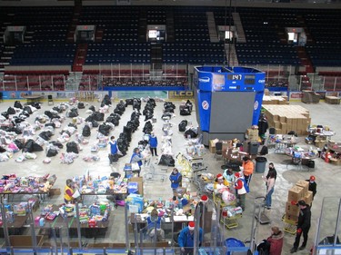 Volunteers have literally been working around the clock, on the arena floor at this year's Children's Christmas Fund distribution event based at the civic complex. Photo  on Friday, Dec. 18, 2020,  in Cornwall, Ont. Todd Hambleton/Cornwall Standard-Freeholder/Postmedia Network