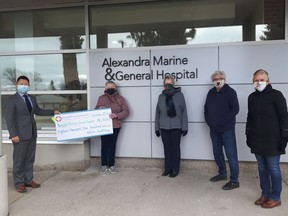 The Auxiliary to the Alexandra Marine and General Hospital is absolutely thrilled to donate $18,500 to the hospital. (L-R): Jimmy Trieu, Mary Ann Burgess (Fundraising Chair), Roselin Hartleib (Gift Shop Coordinator), Lynn Bearden and Kim Ferris (President). Submitted