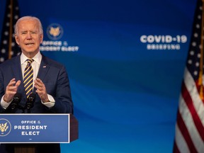 U.S. President-elect Joe Biden delivers remarks on the ongoing COVID-19 pandemic at the Queen Theater on Dec. 29 in Wilmington, Del. Biden will be inaugurated as the 46th president in a scaled-down ceremony due to the pandemic in Washington, D.C., on Jan. 20.