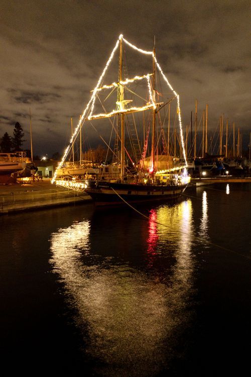  christmas lights hang from the rigging of the st. lawrence ii docked at portsmouth olympic harbour in kingston, ont. in 2020.