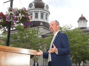 Kingston Mayor Bryan Paterson speaks about the Love Kingston Marketplace initiative at Springer Market Square on June 24.