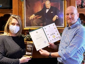 The 1,000 Islands Gananoque Chamber of Commerce Humanitarian of the Year award was presented to Darren Towriess by Amy Kirkland, executive director of the Chamber. Supplied by George Horton