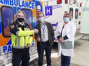 The District of Timiskaming Social Services Administration Board (DTSSAB) has donated a recently decommissioned ambulance unit from its Emergency Medical Services (EMS) division to Blanche River Health. Pictured are (L-R): James Besley, Paramedic Deputy Chief with Timiskaming Emergency Medical Services; Andrew Brown, CFO, Blanche River Health; Jennifer Boudreault, Manager Health Information, and Privacy/Security Officer, Blanche River Health.