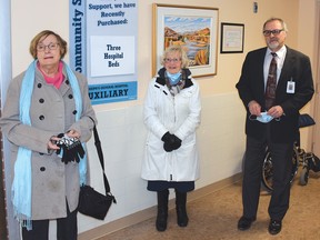 Photo by KEVIN McSHEFFREY/THE STANDARD
Geraldine Robinson - past president of the hospital auxiliary; Faye Steel - hospital auxiliary treasurer; and Pierre Ozolins - St. Joseph’s General Hospital CEO, kicked off the first donation to the hospital’s bed replacement fund last week.