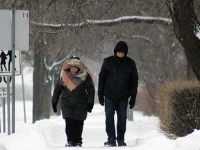 It is important to dress for the weather during extreme cold. Two people out for a walk all bundled up during Tuesday's snowy day. (Aaron Wilgosh/Postmedia)