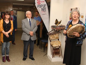 Garrison Petawawa hosted a Pop-up Art Exhibit in May 2019. Taking part in the opening ceremony (from left) were Anya Gansterer, Pop-up Art curator and project co-ordinator; Petawawa Mayor Bob Sweet and Roberta Della-Picca.