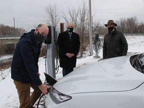 Ottawa River Energy Solutions (ORES), in partnership with Natural Resources Canada (NRCan), is proud to announce the availability of 14, new Level 2 electric vehicle chargers within the City of Pembroke. In the photo from left, Justin Allen, president and CEO of ORES, Ottawa River Engergy Solutions board chairman and Pembroke Deputy Mayor Ron Gervais, and ORES board member from Mississippi Mills, Brian Gallagher. Anthony Dixon