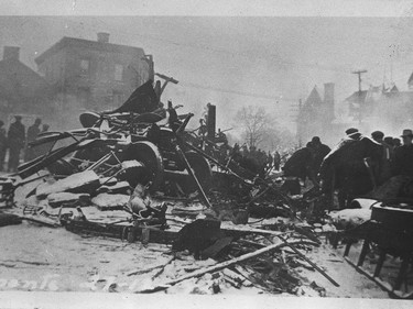 A photo taken of the pileup of undercarriages from two crashed coaches taken the next day after the Almonte train crash in 1942.