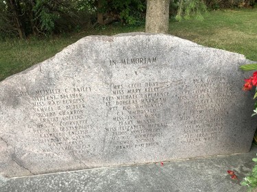 The second of the two large stones that mark the site of the Almonte train crash. This one lists the 39 people killed in the collision. The stones were placed at the site in 2000 as a memorial to the victims.
Jamie Bramburger photo