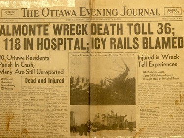 Th Ottawa Journal's front page on the day following the Almonte train wreck of 1942.