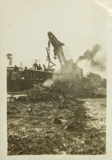 Workers clear the wreckage of the Almonte train wreck, December 1942.