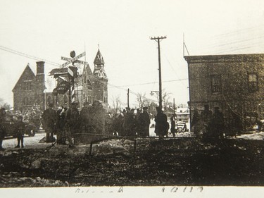 The wreckage of the Almonte train wreck, December 1942. The town hall in the background, left, served as a temporary morgue.