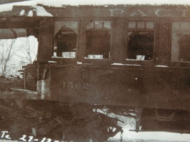 Part of the third-last car of the local passenger train involved in the Almonte train wreck of December 1942. Survivors Ed Muldoon and his cousin Eileen McMahon were seated by the window on the far left.