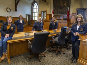 All five women from Middlesex County council have banded together to form a women's caucus to deal with COVID-19 fallout. From left Cathy Burghardt-Jesson, Warden of Middlesex County; Aina DeViet, Mayor of Middlesex-Centre; Alison Warwick, Mayor of Thames Centre; Kelly Elliott, Deputy Mayor of Thames Centre; and Joanne Vanderheyden, Mayor of Strathroy-Caradoc. Mike Hensen/Postmedia Network