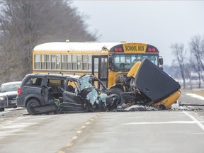 The driver of a minivan was killed in a head-on collision with a school bus on McNaught Line, between St. Michaels and Cranbrook Roads, south of Ethel, Ont. at about 7:40 a.m. on Tuesday, December 15, 2020. The bus driver received minor injuries. No other people were in either vehicles. Derek Ruttan/The London Free Press/Postmedia Network