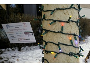 Christmas tree lights similar to these outside the Foyer Lacombe Hospice in St. Albert, Alberta on December 2, 2020 were stolen off a Christmas tree display beside the hospice. Thousands of lights, installed for the St. Albert Sturgeon Hospice Association's Lighting the Way campaign were taken by thieves but the community stepped in to pay to replace them.