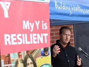 Sudbury MP Paul Lefebvre makes a point at the launch of a fundraising campaign for the YMCA in Sudbury, Ont. on Thursday September 24, 2020.