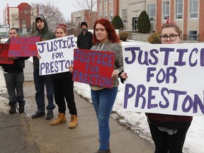 Protesters gather outside the Sudbury courthouse on Nov. 21, 2019 demanding justice for Preston Pellerin, who was fatally stabbed a week earlier.