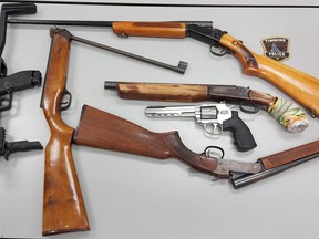 Timmins Police Service seized weapons and a quantity of drugs from a Birch Street South residence Thursday morning. Among the weapons seized was a sawed-off .410 shotgun, a sawed-off 12-gauge shotgun, a .357 replica pellet gun, a rifle style pellet gun and a military replica air gun.

Supplied